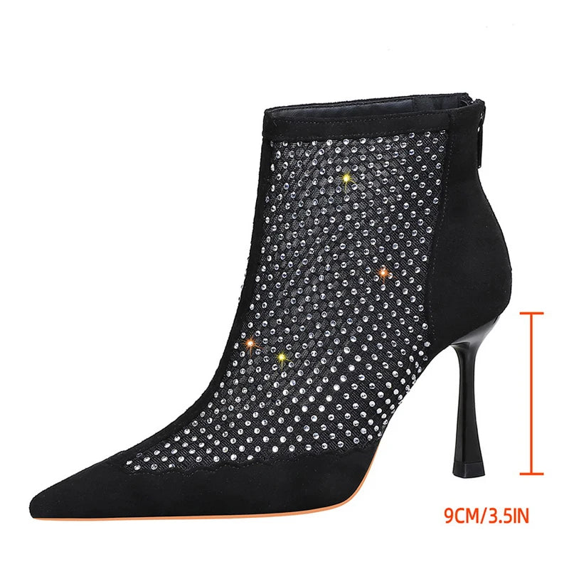 Sexy Mesh Rhinestones Women Boots Net Breathable Boots Stiletto High-Heeled Boots Summer Sandals Boots Rear Zipper High Heels