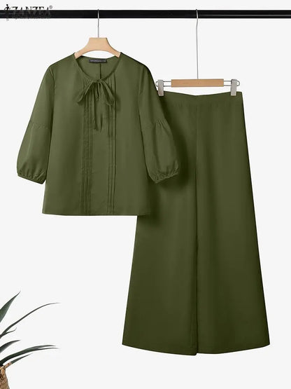 2026 ZANZEA Spring Pant Sets Women 2PCS Outfits O Neck 3/4 Sleeve Blouse Trousers Casual Solid OL Work Tracksuit 2 Pieces Sets