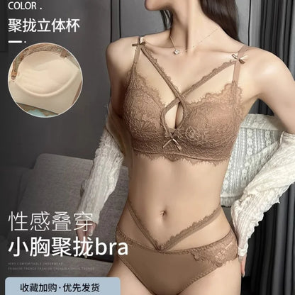 Japanese Kawaii Lace Bralette Set - Crisscross Straps Push-Up for Small Bust, Wire-Free Cutout Bra Enhancer & Sexy Gather Effect