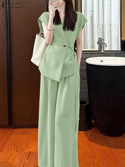 Fashion Women Two Pieces Sets ZANZEA Summer 2PCS Office Outfits V Neck Sleeveless Blouse Pant Sets Solid Tracksuit Trousers Suit