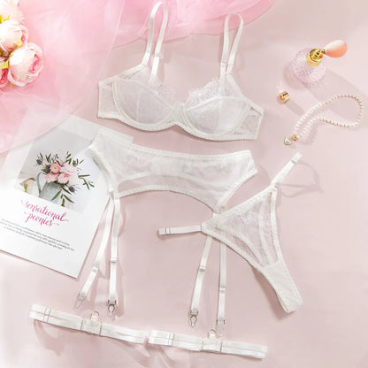 Fancy Lingeries Sexy Hot Elegant Bra 3PC Set with Leg Circles Sissy Solid Color Intimate Eyelash Lace Patchwork Costume