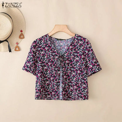 ZANZEA Women Fashion Floral Print Cardigans V-Neck Short Sleeve Lace-Up Front Cover-Up 2026 Summer Vacation Streetwear Short Top