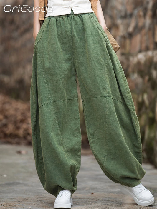 OriGoods Vintage Oversized Pants Woman Ramie Cotton Novelty Original Loose Fit Pants Zen Chinese style Linen Trousers 2025 B126