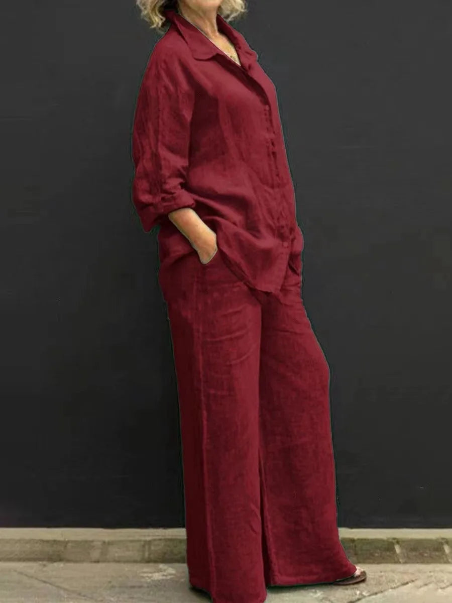 Spring and Summer Suit Women's Lapel Long-sleeved Loose Shirt High Waist Wide-leg Pants Casual Two-piece Set