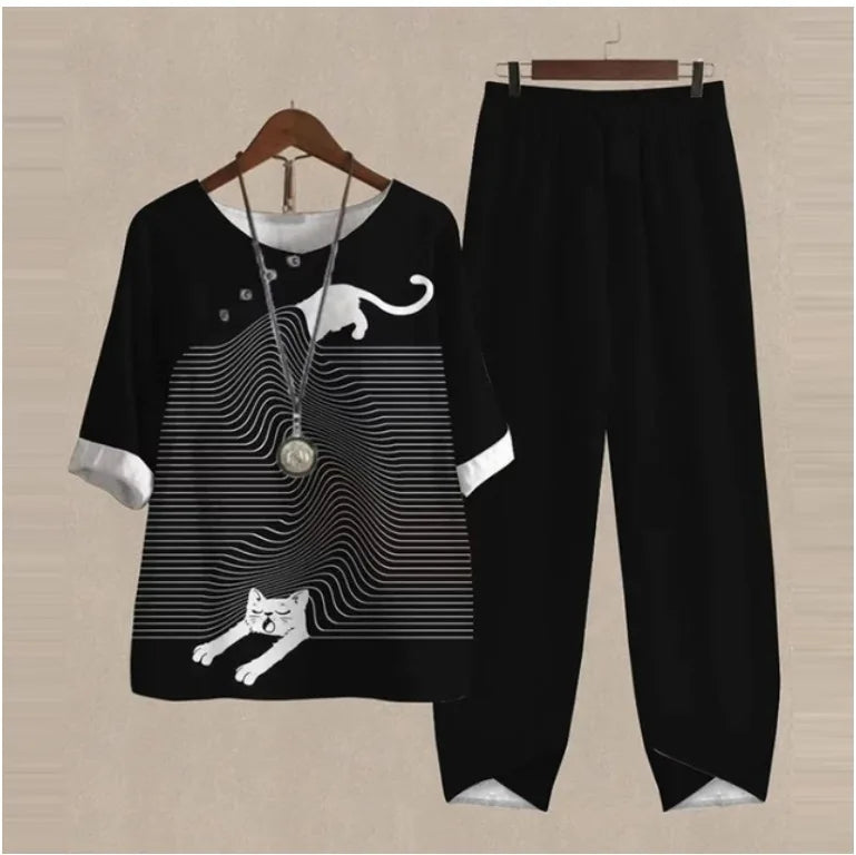 Summer Casual Two Piece Sets Women Loose Short Sleeve T-Shirt High Waist Pants Print Outfits Ladies Elegant Vintage top Pantsuit
