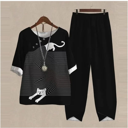 Summer Casual Two Piece Sets Women Loose Short Sleeve T-Shirt High Waist Pants Print Outfits Ladies Elegant Vintage top Pantsuit