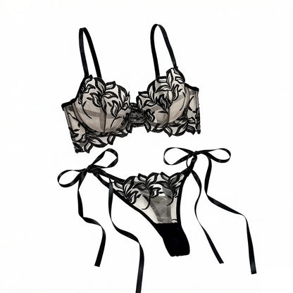 Women Black Floral Embroidery Lingerie Set Sheer Mesh Underwire Bra Side Tie Thong 2 Piece Sexy Transparent Intimate Outfit