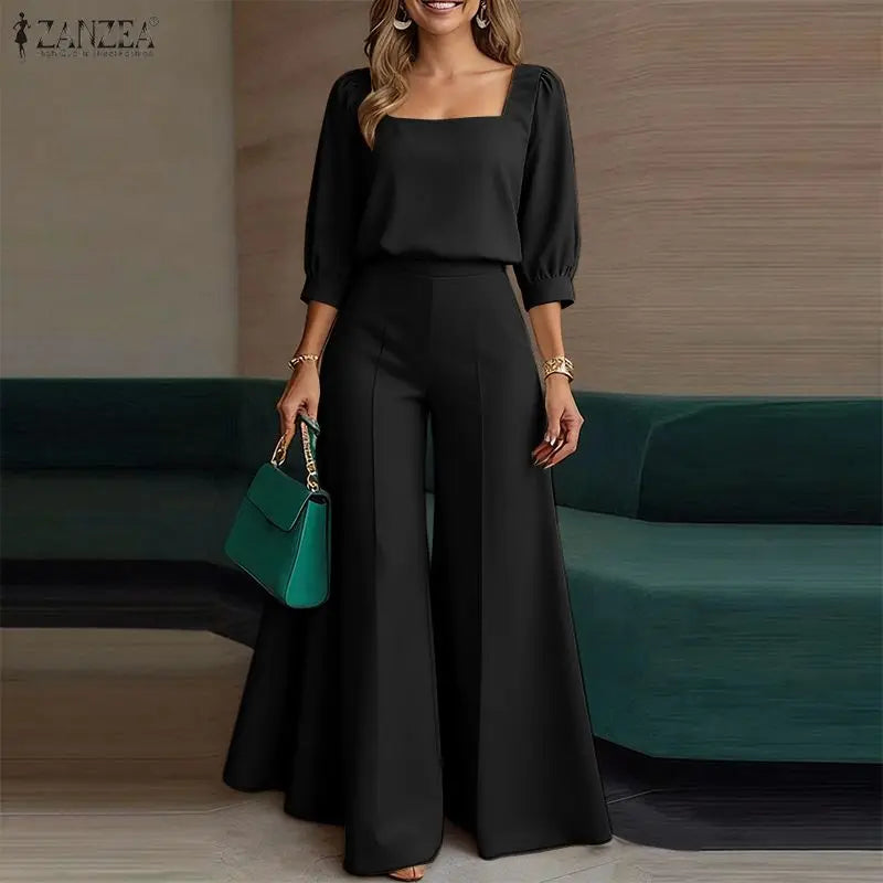 2026 Summer Outfits Elegant Women OL Work Wide Leg Pants Sets ZANZEA  Square Neck 3/4 Sleeve Blouse Trousers Solid 2 Pieces Sets