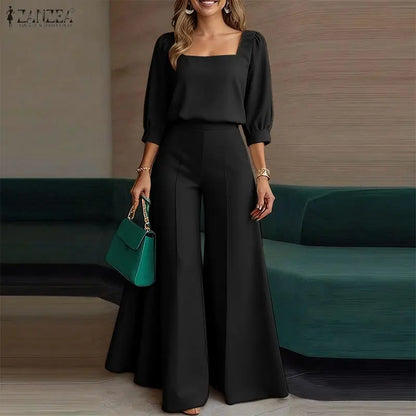 2026 Summer Outfits Elegant Women OL Work Wide Leg Pants Sets ZANZEA  Square Neck 3/4 Sleeve Blouse Trousers Solid 2 Pieces Sets