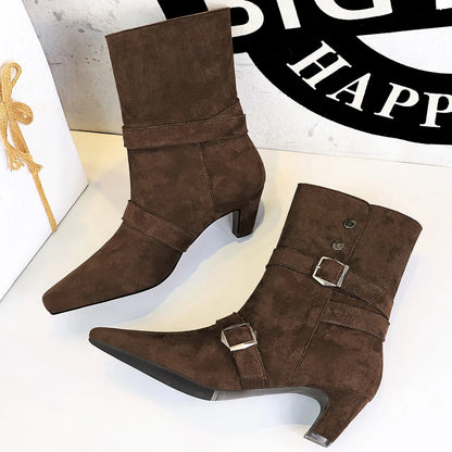 BIGTREE Shoes New Belt Buckle Design Women Boots Suede Retro Women's Ankle Boots Square Head Short Boots Middle Heel Boots