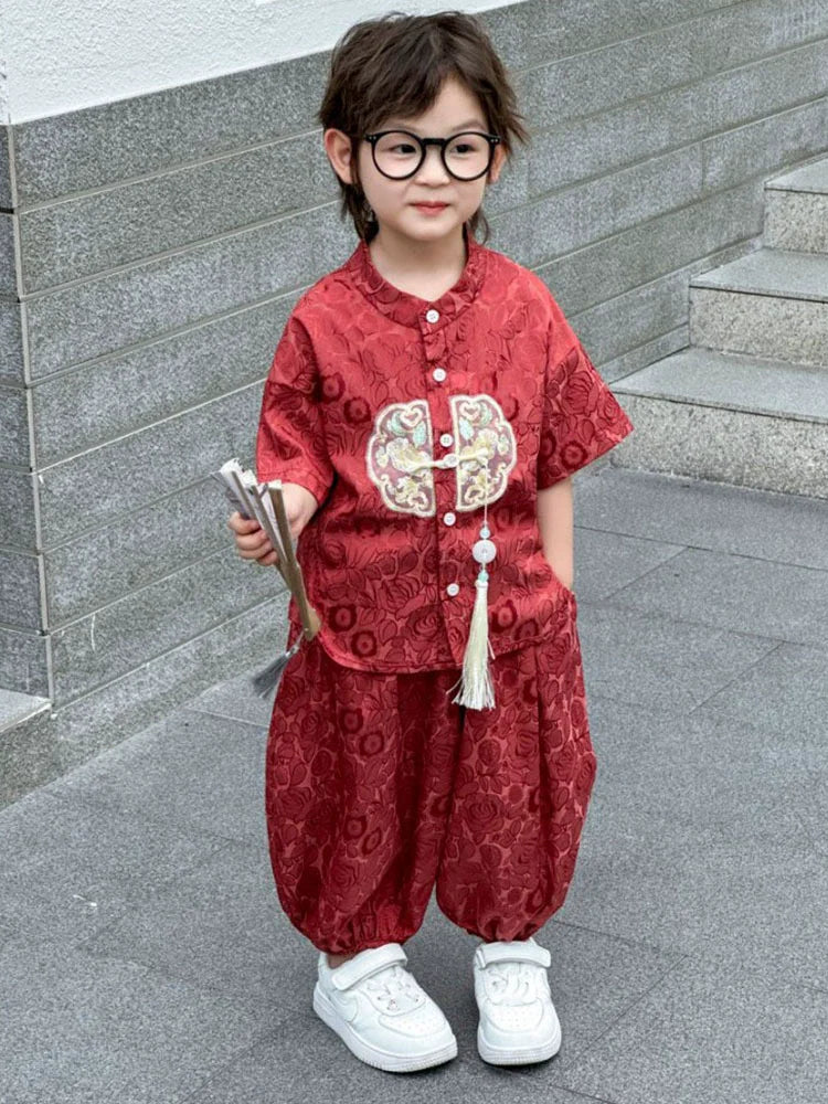 Short Sleeve Tops Shorts 2 Piece Set Boy Outfit Casual Kids Clothes Baby Tang Hanfu Suit Boys Costume Children's Sets Summer