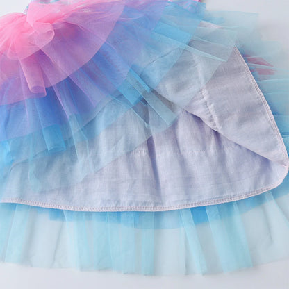 VIKITA Girls Sleeveless Summer Dress Kids Shiny Wave Striped Gradient Colorful Tulle Mesh Layered Party School Daily Tutu Dress