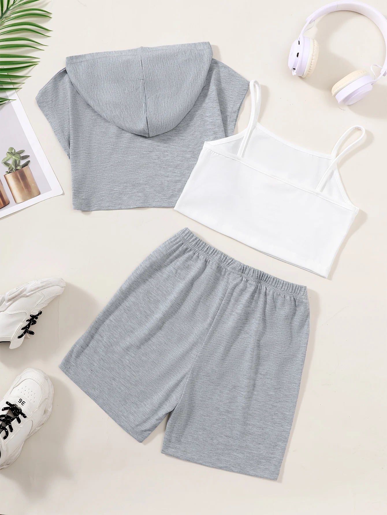 Girls Casual Hoodie + Tank Top And Shorts Three-Piece Set Summer Children's Fashion Comfortable Versatile Outfit for Leisure