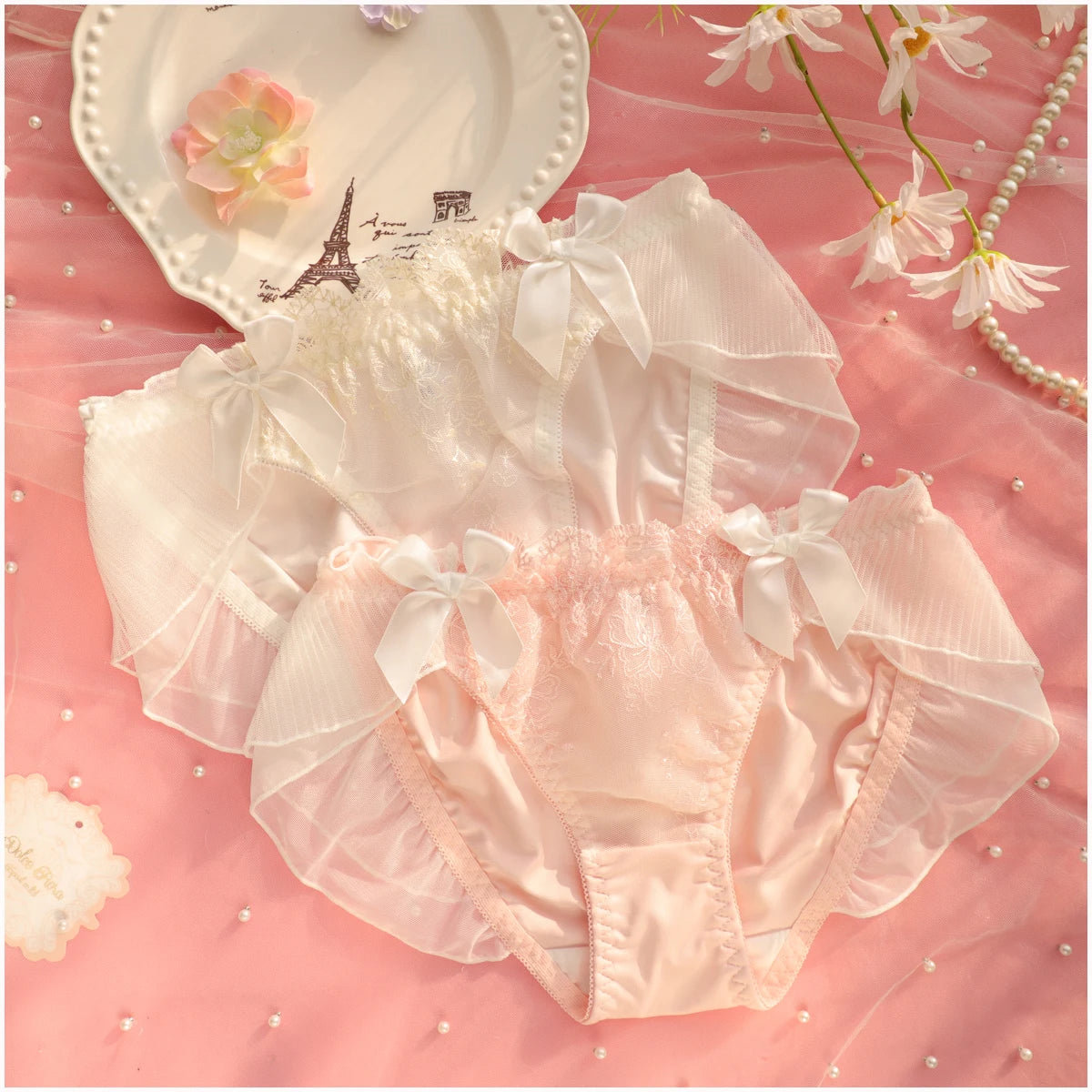 Embroidery thin section ruffled underwear girls sweet and lovely lingerie breifs sets three buckle gathered ladies bra set