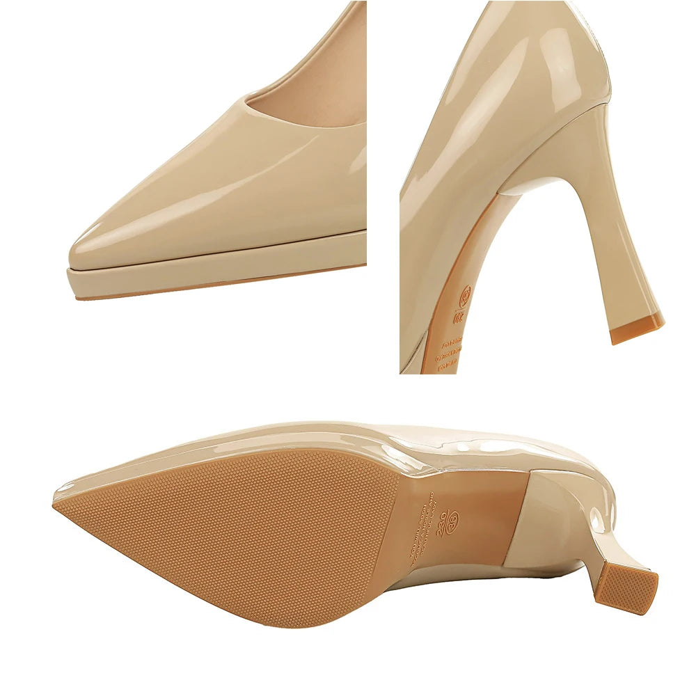 BIGTREE Shoes Platform Women Pumps Patent Leather High Heels Pointed Chunky Heels 9.5 cm Sexy Party Shoes Luxury Banquet Shoes