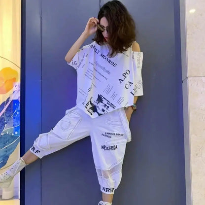 2 Pcs Women Summer Clothing Set Casual Batwing Sleeve Loose Tees Tops And Print Letters Harem Tracksuits Pants Suits