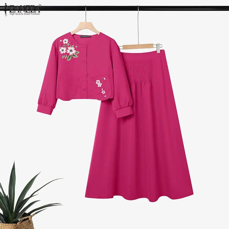 ZANZEA Women's Elegant Skirt Suits Floral Print 3/4 Sleeve Cropped Shirts & Pintuck Maxi Skirts 2 Piece Sets Outfits Woman Sets