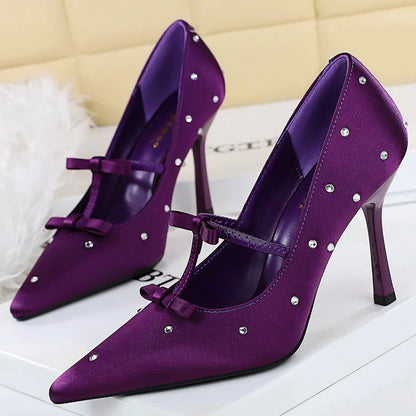 BIGTREE Shoes Women Pumps Rhinestone Design High Heels Satin Bowknot Women Heels Stiletto 9.5cm Sexy Party Shoes Banquet Shoes