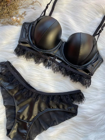Adjustable upper thin lower thick underwear set gathering lingerie underpant women bra set glossy pu leather bralette