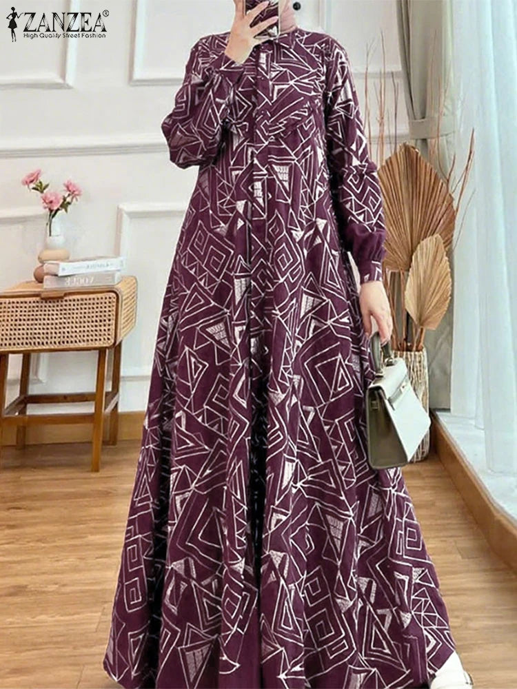 2025 Women Elegant Long Sleeve Printed Sundress ZANZEA Fashion Muslim Abaya Dress Eid Mubarek Robe Femme Turkey Kaftan Vestidos