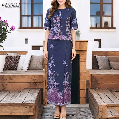 ZANZEA Stylish Summer 2 Pieces Sets Printed Outfits Elegant Women Dress Sets O Neck Half Sleeve Floral Blouse Maxi Skirt Suit