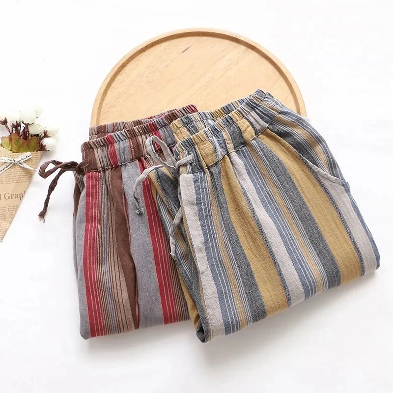 Striped Vintage Elastic High Waist Lace Up Cotton Linen Women's Pants Korean Fashion Wide Leg Ankle-Length Pants For Women 2024
