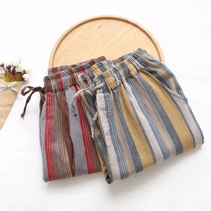 Striped Vintage Elastic High Waist Lace Up Cotton Linen Women's Pants Korean Fashion Wide Leg Ankle-Length Pants For Women 2024