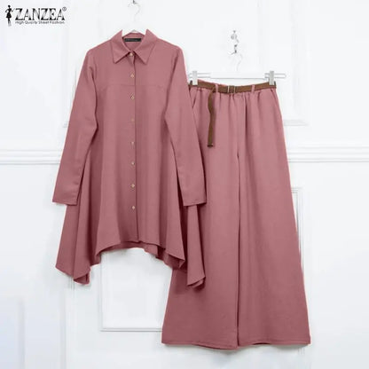 ZANZEA Women's Casual Pant Suits Oversized Long Sleeve Asymmetric Shirt & Wide Leg Pant 2 Pieces Sets Solid Commuting Outfits
