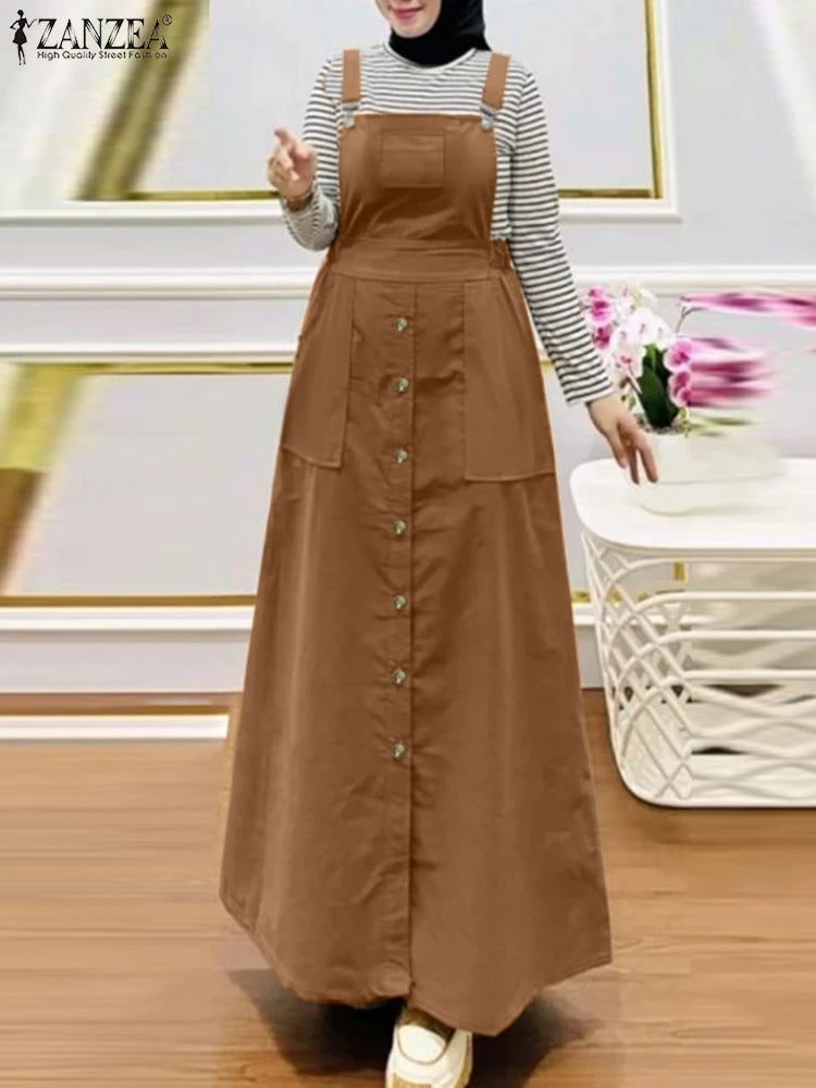 Spring Autumn Overall Dress ZANZEA Fashion Muslim Abaya Summer Women Sleeveless Sundress Robe Femme Islamic Hijab Vestidos 2025