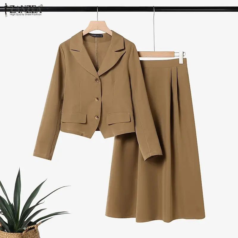 ZANZEA Elegant Women 2-Piece Skirt Suits Peak Lapel Long Sleeve Short Blazer & A-Line Midi Skirt 2pcs Sets 2026 Autumn Outfits