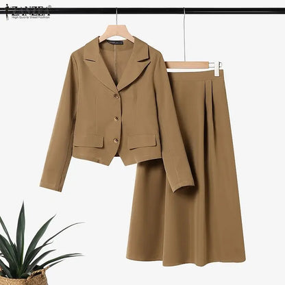 ZANZEA Elegant Women 2-Piece Skirt Suits Peak Lapel Long Sleeve Short Blazer & A-Line Midi Skirt 2pcs Sets 2026 Autumn Outfits