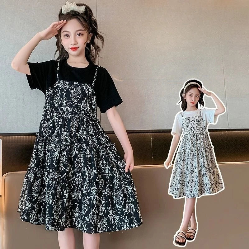 Floral Print Children's Round Neck Suit for Girls Dresses Costume Year Old Dress Sets From 8 12 Years Kids Girl Summer Princess