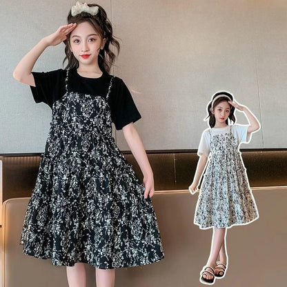 Floral Print Children's Round Neck Suit for Girls Dresses Costume Year Old Dress Sets From 8 12 Years Kids Girl Summer Princess