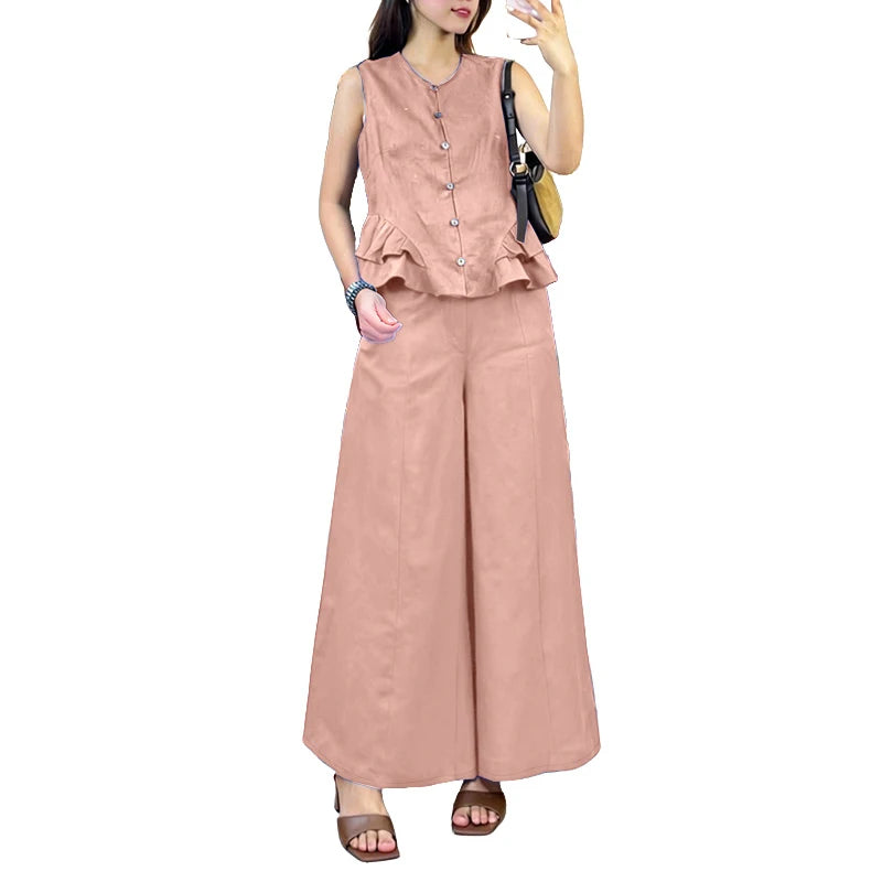 ZANZEA Women's Casual Fashion Pant Sets Ruffled Hem Sleeveless Tops & Wide Leg Pants 2 Piece Suits Summer Commute Work Outfits