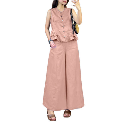 ZANZEA Women's Casual Fashion Pant Sets Ruffled Hem Sleeveless Tops & Wide Leg Pants 2 Piece Suits Summer Commute Work Outfits