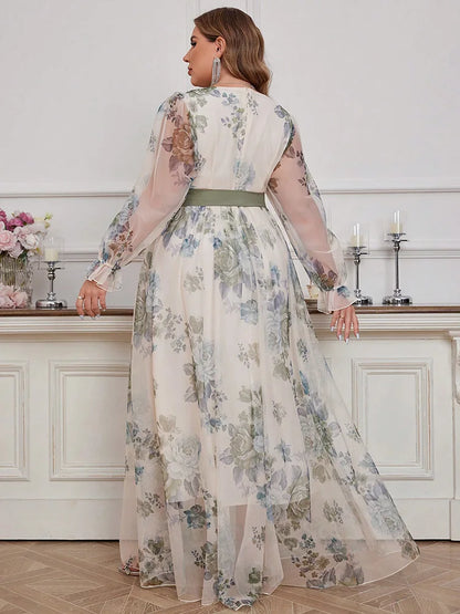 TOLEEN Plus Size Women's Floral Print V-Neck Spliced Mesh Dress 2024 New Summer Spring Casual Elegant Formal Party Maxi Dresses