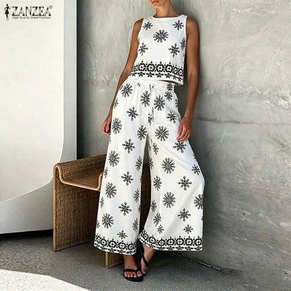 ZANZEA Fashion Summer Sleeveless Tanks Tops Pant Sets Stylish Women Matching Sets Bohemain Printed Tracksuit 2PCS Holiday Outfit