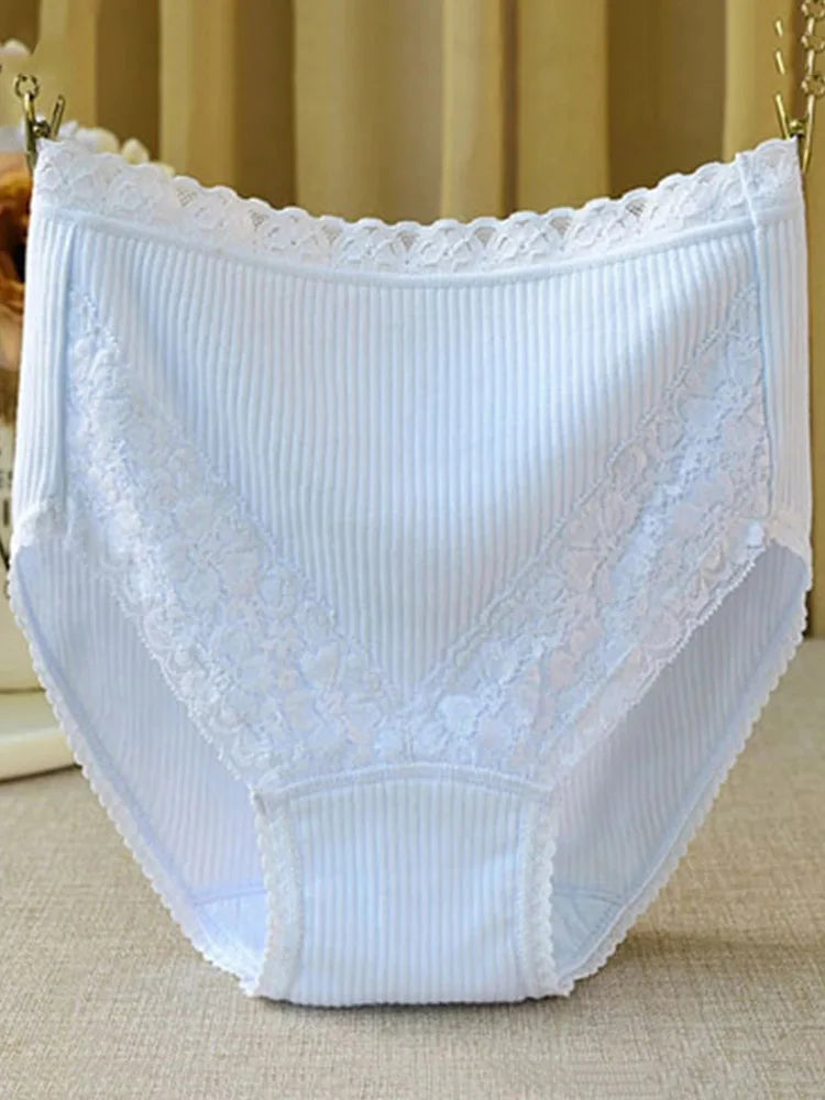 Women High-Waist Cotton Underwear Breathable Seamless Lace Trim Comfortable  Panties