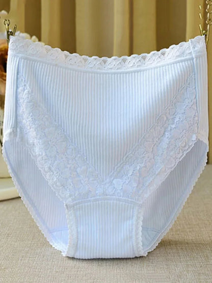 Women High-Waist Cotton Underwear Breathable Seamless Lace Trim Comfortable  Panties
