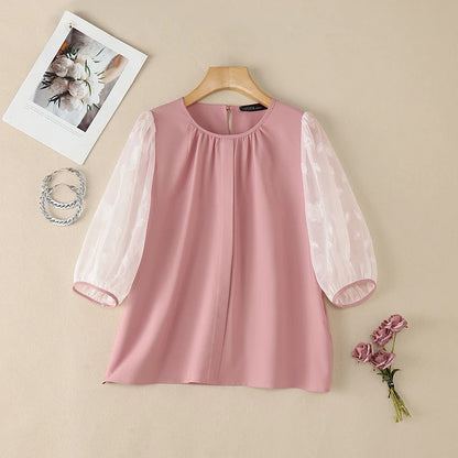 ZANZEA Sophisticated Elegant Floral Fil Coupe Patchwork 3/4 Sleeve Blouses Women Gathered O-Neck Top Solid Color Blusas de Mujer