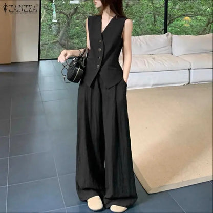 2026 ZANZEA Elegant Sleeveless Tank Tops Wide Leg Pant Sets Summer Women 2 Pieces Sets Elegant Solid OL Work Outfits Tracksuit