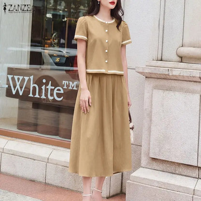 2026 ZANZEA Elegant Women Short Sleeve Patchwork Shirt Midi Dress Sets Summer 2 Pieces Sets Stylish OL Work Outfits Skirt Suit