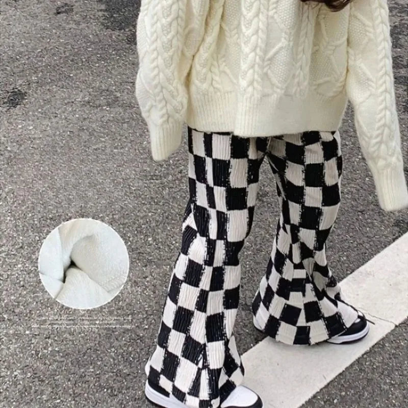 New Girls' Spring Fall Lined Checkered Flared Pants Thickened Thermal Playwear for Kids