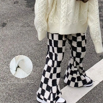 New Girls' Spring Fall Lined Checkered Flared Pants Thickened Thermal Playwear for Kids