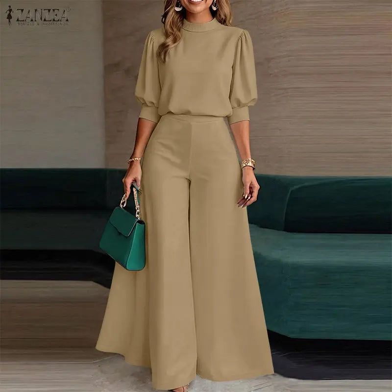 2026 Fashion Summer Pant Sets ZANZEA Stand Neck Short Sleeve Blouse Wide Leg Trousers Suit Women OL Work Outfits 2 Pieces Sets