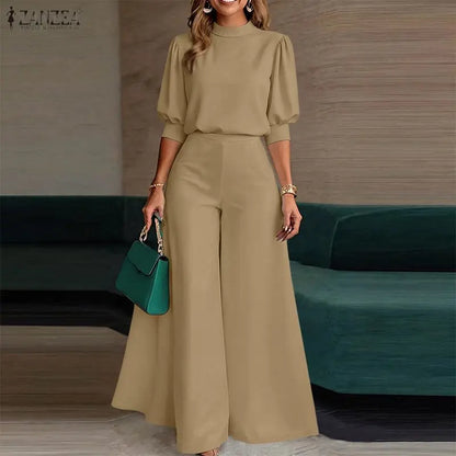 2026 Fashion Summer Pant Sets ZANZEA Stand Neck Short Sleeve Blouse Wide Leg Trousers Suit Women OL Work Outfits 2 Pieces Sets