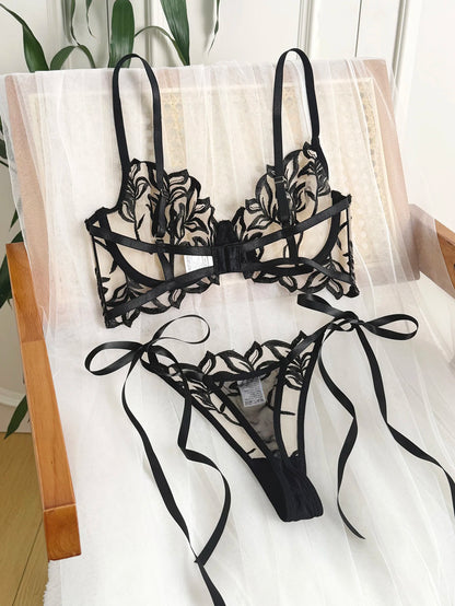 Women Black Floral Embroidery Lingerie Set Sheer Mesh Underwire Bra Side Tie Thong 2 Piece Sexy Transparent Intimate Outfit