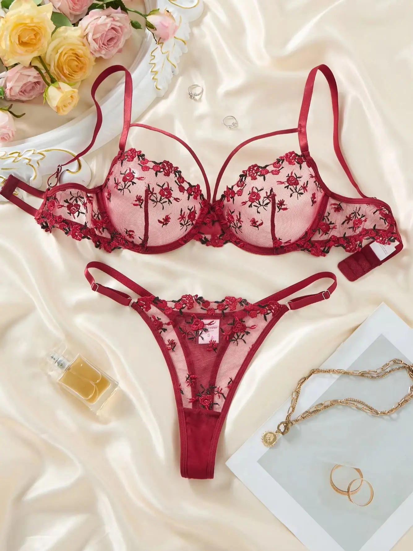 Vintage Wine Red Floral Lace Lingerie Set Thin Double Straps Sheer Transparent Mesh Bra Adjustable Briefs Boudoir