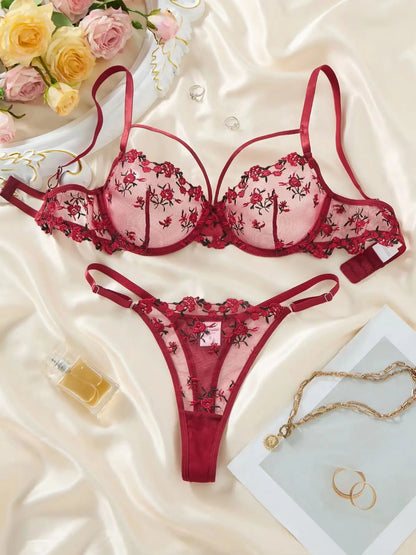 Vintage Wine Red Floral Lace Lingerie Set Thin Double Straps Sheer Transparent Mesh Bra Adjustable Briefs Boudoir