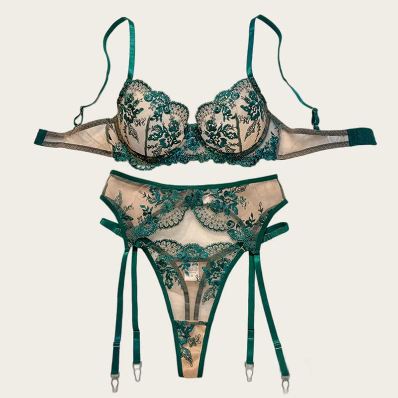 Sexy Women's Lingerie Floral Embroidered Bra Set Spicy Lingerie 3 Pieces Mesh Underwear Ultrathin French Intimate Lingerie Set